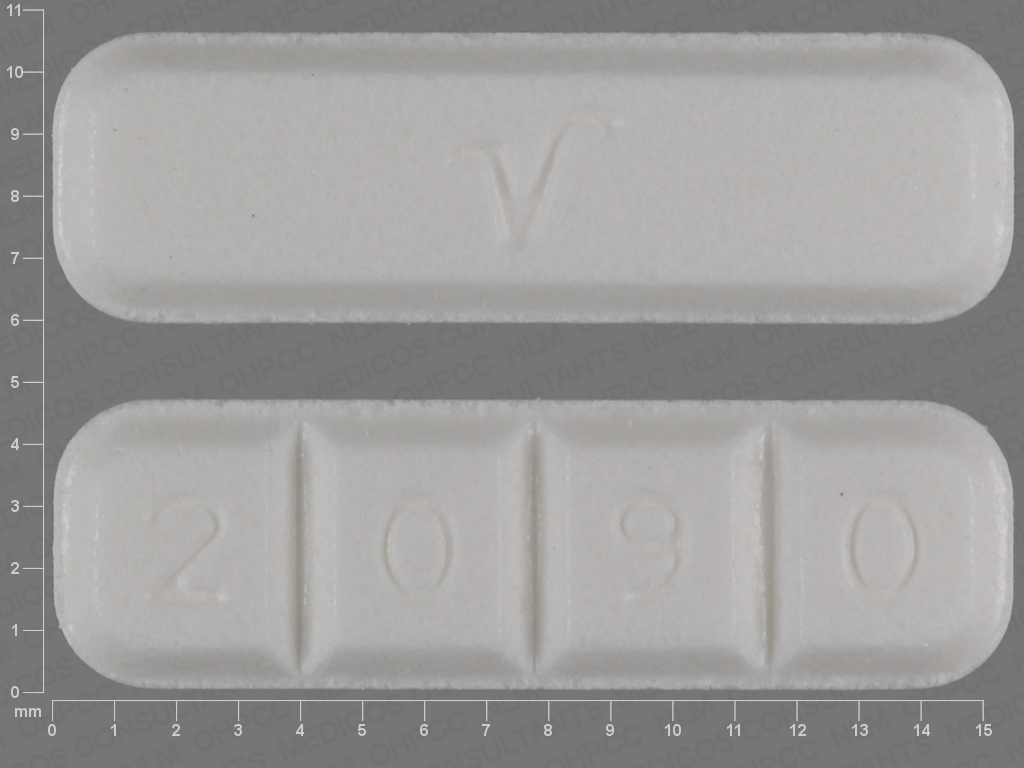 2090 V white alprazolam 2 mg pill, front and reverse reference image