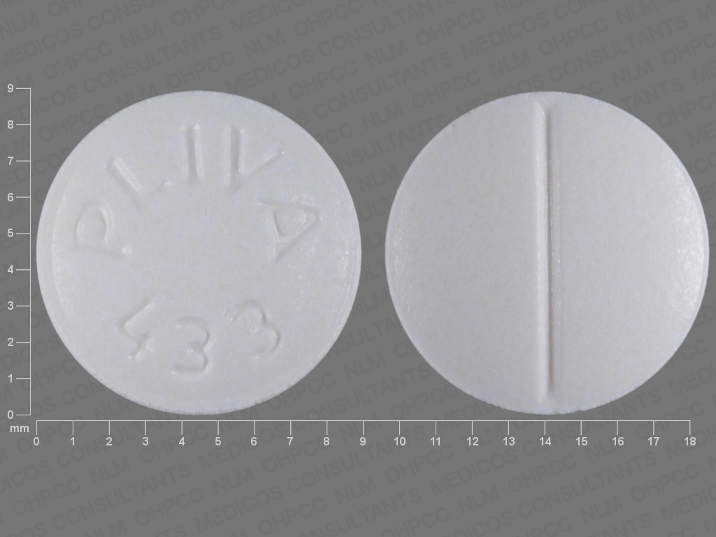 PLIVA 433 white round trazodone 50 mg pill, front and scored reverse reference image